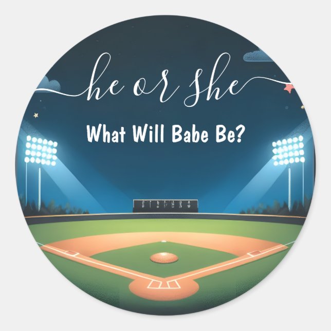 By Team Ball Game Pitch Fun Baseball Gender Reveal Classic Round Sticker (Front)