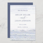 By the Ocean, Blue White Destination Wedding Invitation<br><div class="desc">Trendy destination wedding Save the Dates in blue and white with watercolor ocean waves. 
Design tip: If you change the text then please use capital letters to keep the same 'look'.
Please contact us at beachdivasdesign@gmail.com for any questions</div>