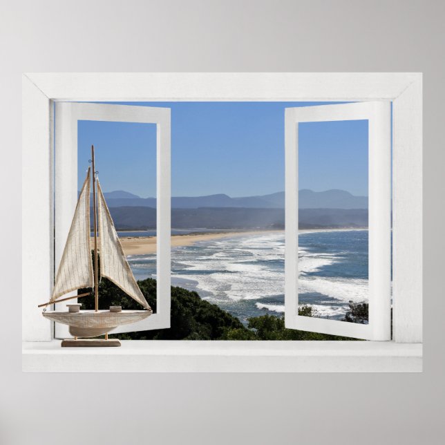 By the Ocean -- Open Window View with Sail Boat Poster (Front)