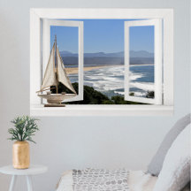 By the Ocean -- Open Window View with Sail Boat