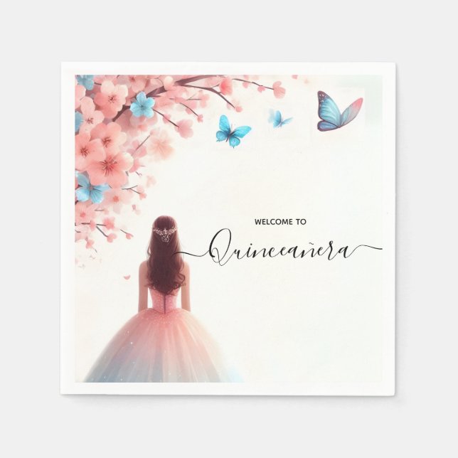 By Wood Tree Pink Girly Cherry Blossom Quinceanera Napkin (Front)