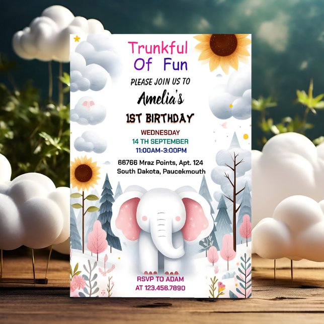 By Wood White Elephant Birthday First 1st Birthday Invitation (Creator Uploaded)