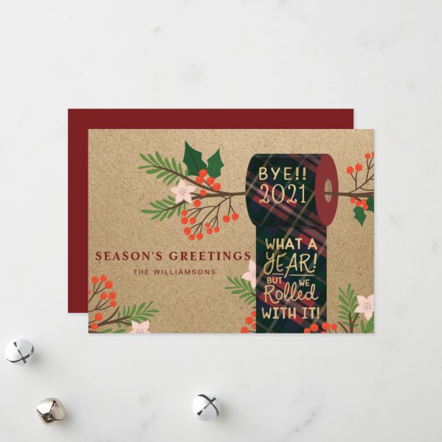 Bye 2020 We Rolled With It Plaid Toilet Paper Roll Holiday Card (Front/Back In Situ)