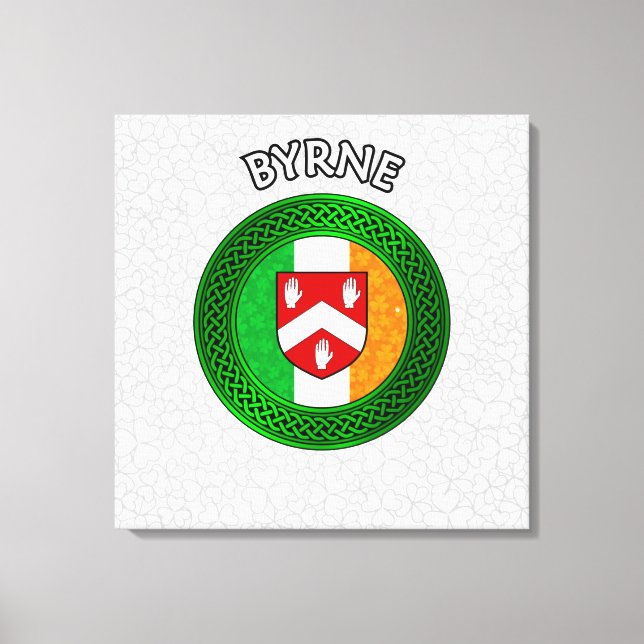 Byrne Crest & Celtic Knot on Shamrock Canvas Print (Front)
