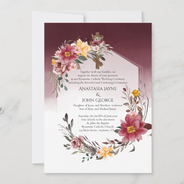 BYZANTINE Betrothal Crowning Wedding Floral Cross Invitation (Front)