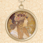 Byzantine Brunette, Mucha Gold Plated Necklace<br><div class="desc">Art Nouveau brunette by Alphonse Mucha</div>