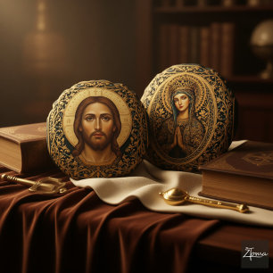 Byzantine Christ Icon - Jesus Round Pillow