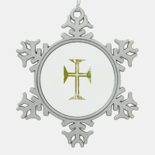 Byzantine Cross Destroyed Look Faux Gold Snowflake Pewter Christmas Ornament