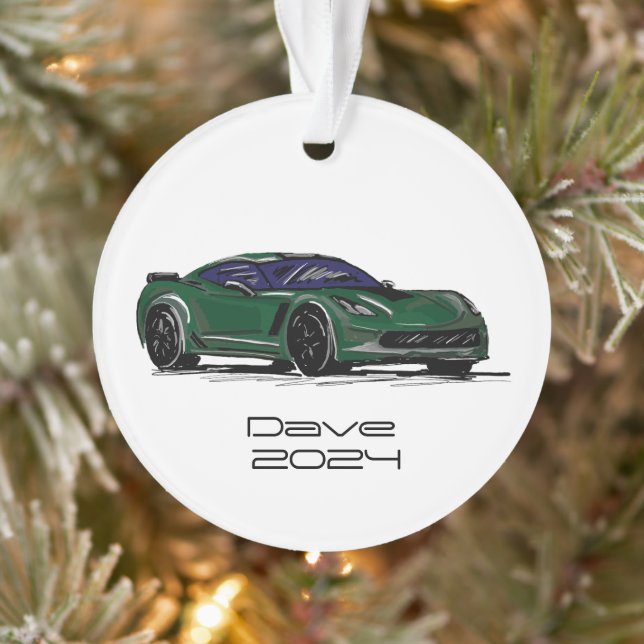 C7 Corvette Sports Car Green Hand Drawn Sketch Ornament (Tree)
