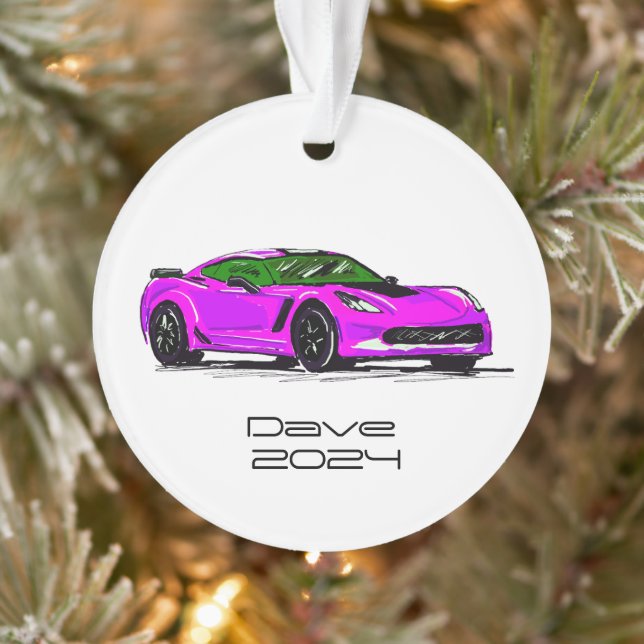C7 Corvette Sports Car Pink Hand Drawn Sketch Ornament (Tree)