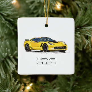 C7 Corvette Sports Car Yellow Hand Drawn Sketch Ceramic Ornament