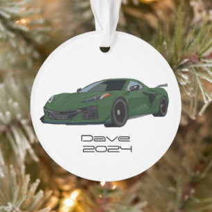C8 Corvette Sports Car Dark Green Hand Drawn Ornament