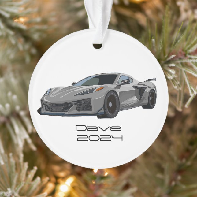 C8 Corvette Sports Car Grey Silver Hand Drawn  Ornament (Tree)