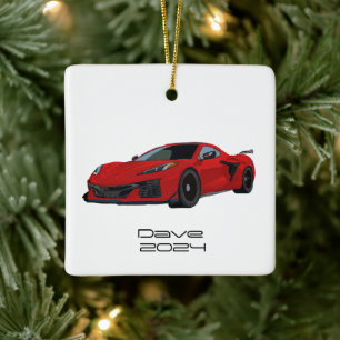 C8 Corvette Sports Car Torch Red Hand Drawn Ceramic Ornament