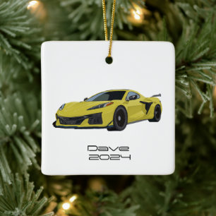C8 Corvette Sports Car Yellow Hand Drawn Ceramic Ornament