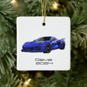 C8 Corvette SportsCar Elkhart Lake Blue HandDrawn  Ceramic Ornament