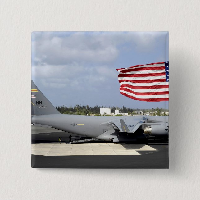 C-17 Globemaster III sits on the flightline 2 Inch Square Button (Front)