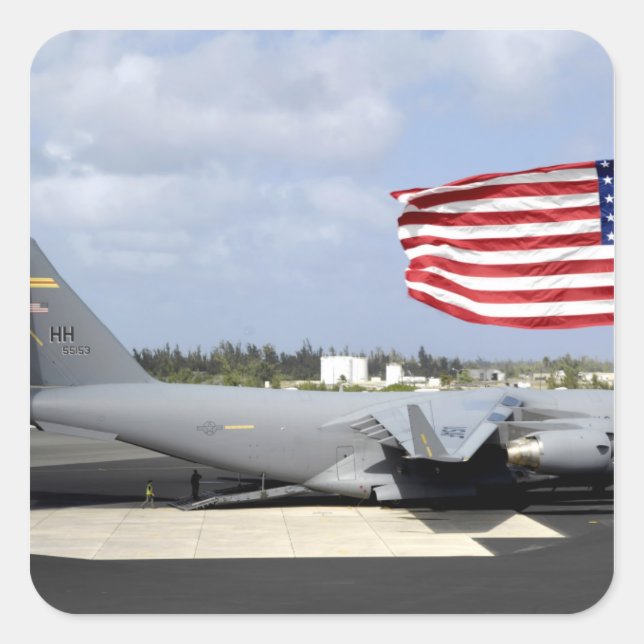 C-17 Globemaster III sits on the flightline Square Sticker (Front)