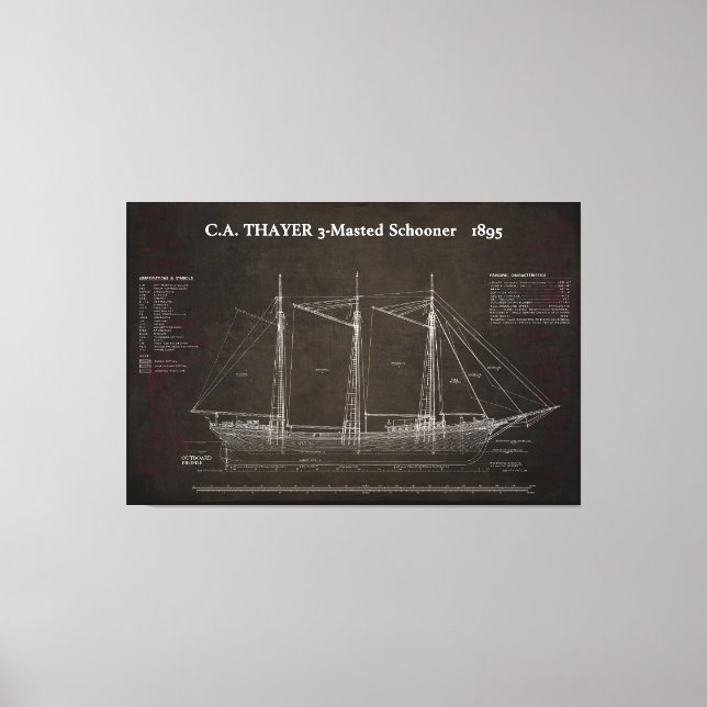 C.A. THAYER 3-Mastered Schooner Blueprint 1895 Canvas Print (Front)