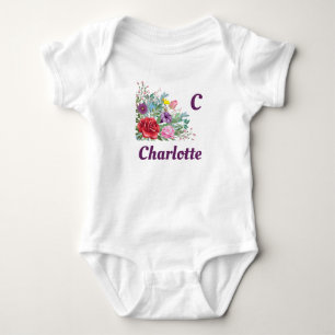 C Charlotte Personalize Letter Name, Rose Flowers Baby Bodysuit