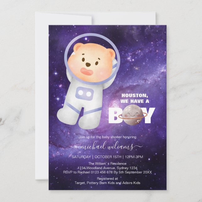 C`est un garçon espace ours invitation baby shower (Devant)