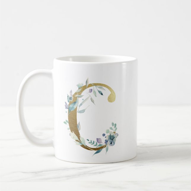 C  gold initial with blue floral foliage coffee mug (Left)