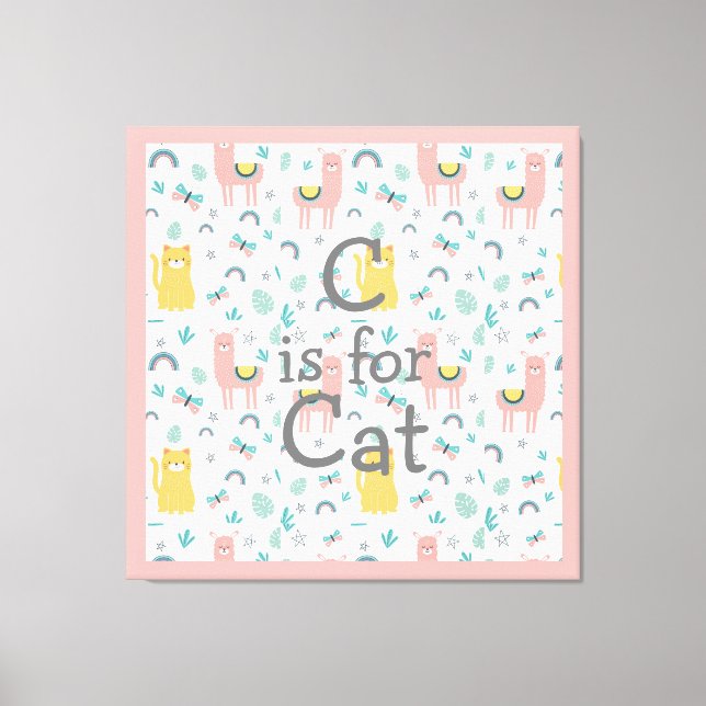 C is for Cat Boho Cute Alapaca Pink Trim Nursery Canvas Print (Front)