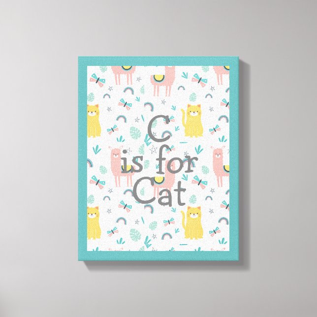 C is For Cat Green Trim  Boho Cute Alapaca Nursery Canvas Print (Front)
