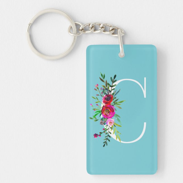 C Letter Initial Monogram Floral Custom Colour Keychain (Front)