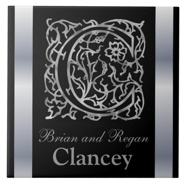 C Monogram and Name "Besque on Black" Ceramic Tile (Front)