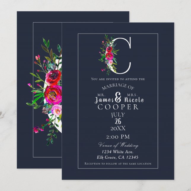 C Monogram Last Initial Modern Blue Floral Wedding Invitation (Front/Back)