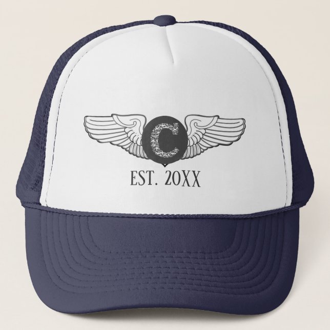 C Personalized Monogram Aviation Pilot Wings Trucker Hat (Front)