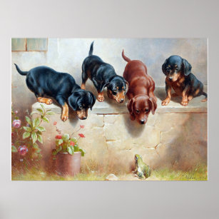 C. Reichert Painting Dachshund Puppies and Frog Poster
