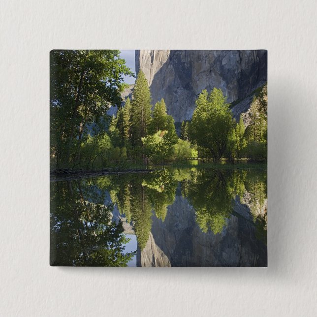 CA, Yosemite NP, El Capitan reflected in Merced 2 Inch Square Button (Front)
