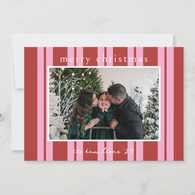 Cabana Pink red Stripe Preppy photo Christmas card (Front)