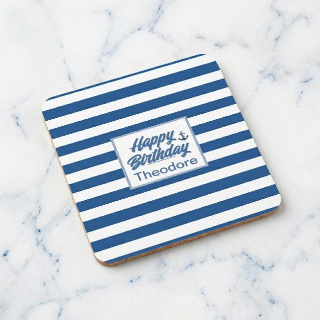 Cabana Stripe Anchor Birthday Coaster (Anchor your drink in style)