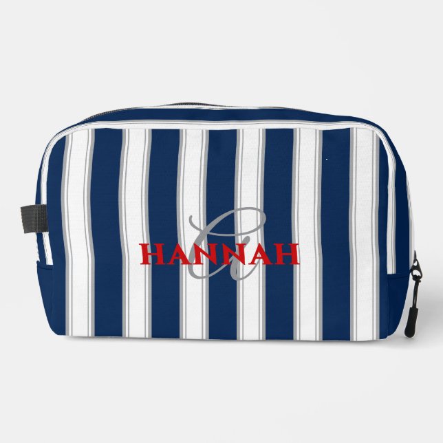Cabana Stripe Monogram in Navy Blue Dopp Kit (Front)