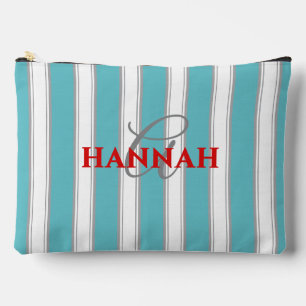 Cabana Stripe Monogram in Turquoise Blue Accessory Pouch