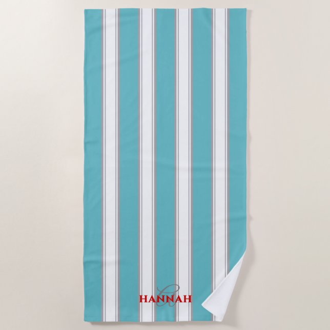 Cabana Stripe Monogram in Turquoise Blue Beach Towel (Front)