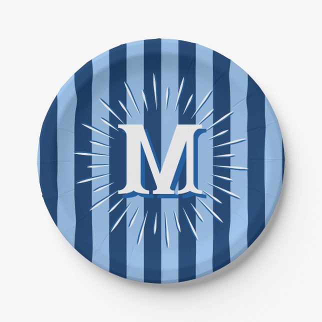 Cabana Stripes in Blue Personalized Paper Plate (Front)
