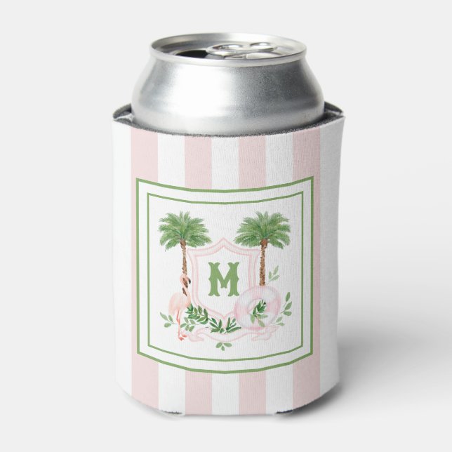 Cabana Stripes Palm Beach Monogram Crest Can Cooler (Can Front)