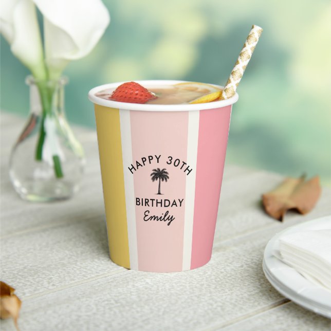 Cabana Stripes Summer Coastal 30th Birthday Paper Cups (Insitu)