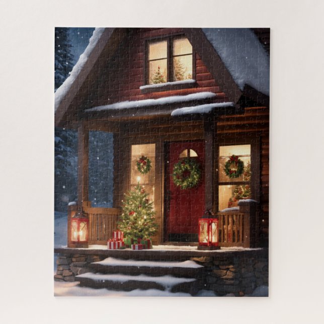 CABANE EN BOIS ROND D'HIVER NOËL PUZZLE (Vertical)