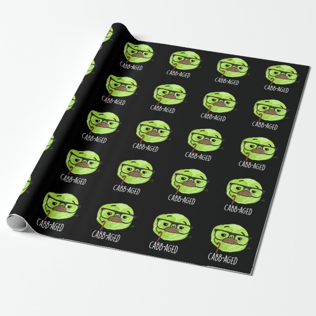 Cabb-aged Funny Old Veggie Cabbage Pun Dark BG Wrapping Paper (Unrolled)