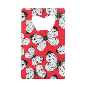 Cabbage butterfly pattern on red credit card bottle opener
