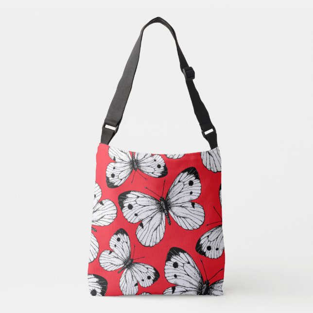 Cabbage butterfly pattern on red crossbody bag (Front)