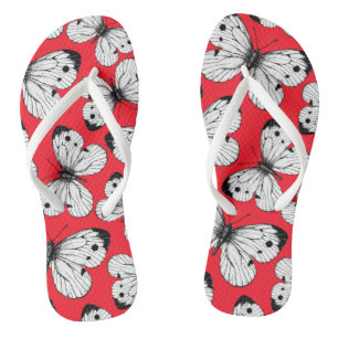 Cabbage butterfly pattern on red flip flops