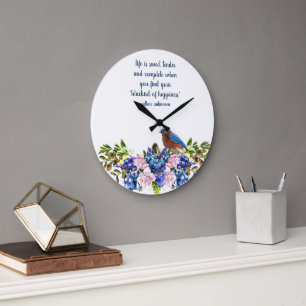 Cabbage Roses and Bliuebird Happiness Quote  Large Clock