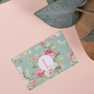 Cabbage Roses Aqua  Floral Pattern Vintage Holiday Card