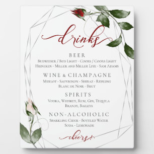 Cabernet  Blush Roses Wedding Reception  Bar Menu Plaque